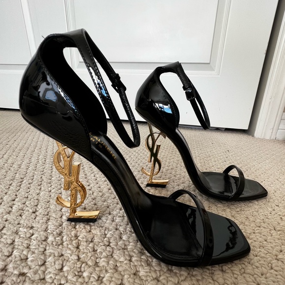 YSL ~ Saint Laurent, black patent leather Opyum Gold Ankle Strap Heels. Size 37 - Picture 2 of 8